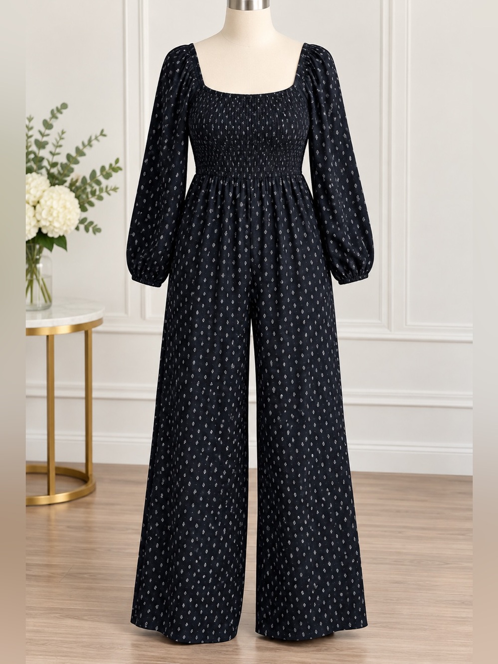 ABLE Marion Smocked Wide Leg Jumpsuit Black XL NWT